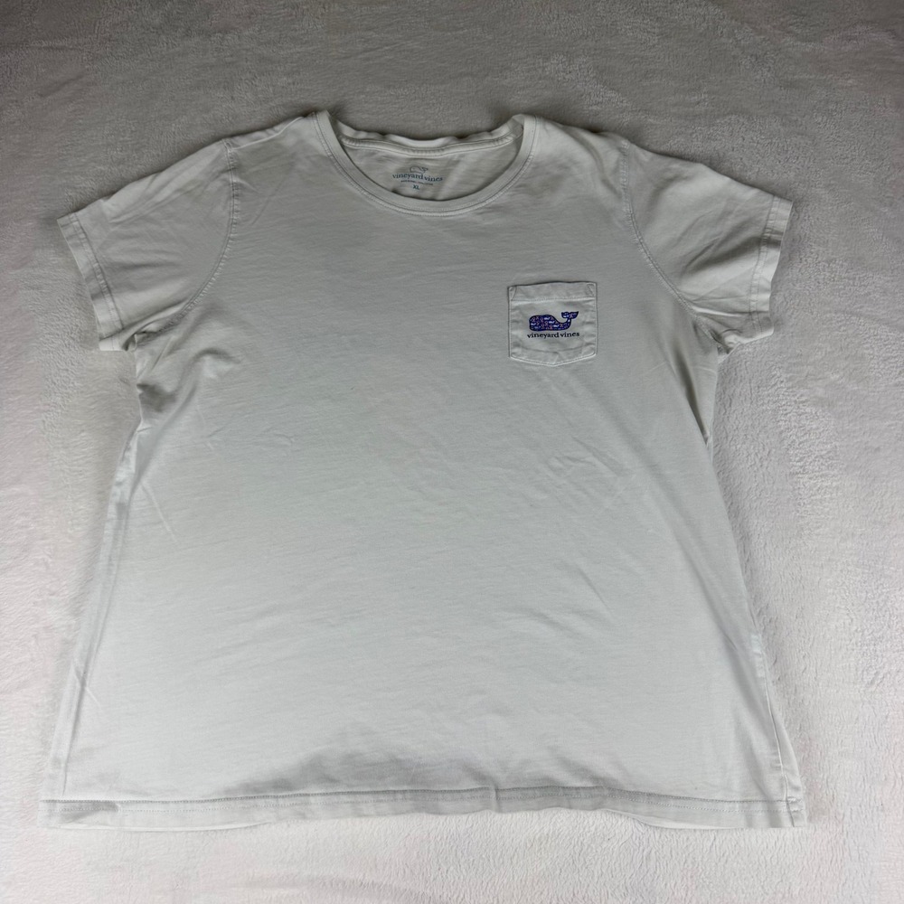 Vineyard Vines Womens XL White Pink Ribbon Awareness Whale Pocket T-Shirt Cotton